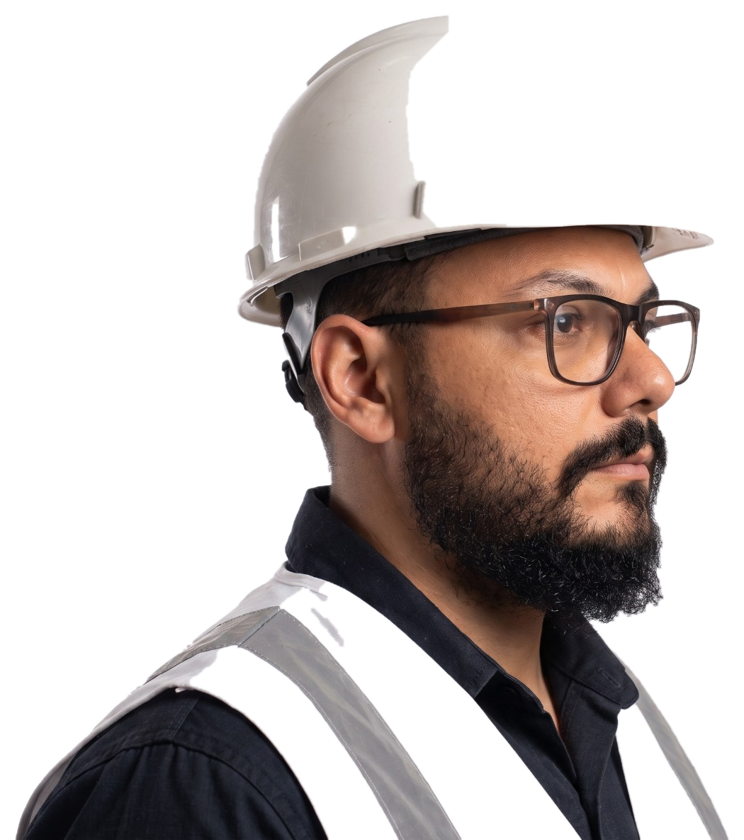 Jeferson Rampazzo, engenheiro mecânico, em close de perfil usando capacete e colete de segurança